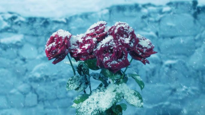 老墙边的玫瑰上飘着雪花