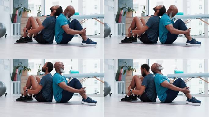 健身，颈部锻炼或私人教练在锻炼或治疗与资深黑人男子在恢复。物理治疗，团队合作或成熟男性客户在康复训练