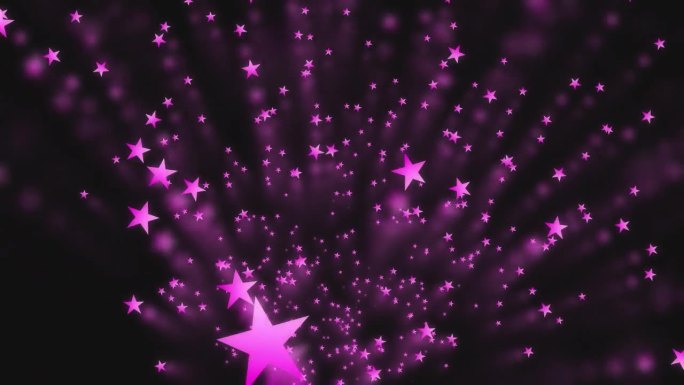粉红色的星星在黑色的背景上飞向相机。抽象的画面。运动图形。