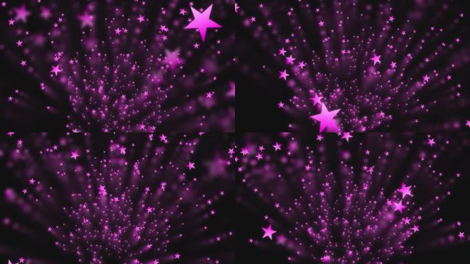 粉红色的星星在黑色的背景上飞向相机。抽象的画面。运动图形。