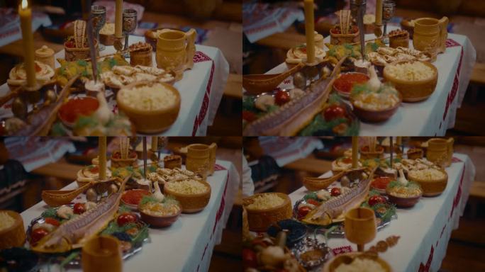 在老房子的桌子上美味的古代斯拉夫美食，近距离观看移动，4K Prores