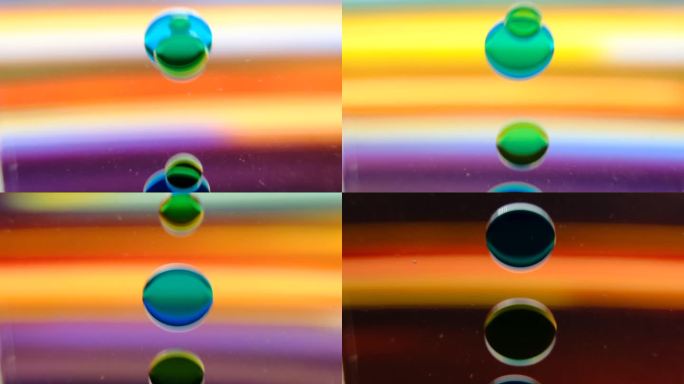 各种大小的透明液体气泡在彩色移动光水平线背景上浮动
