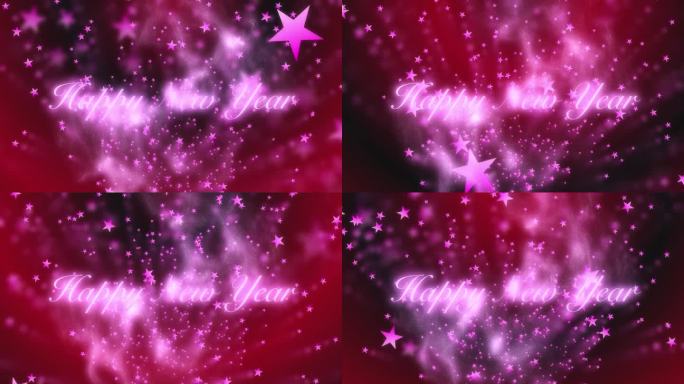 在红黑相间的渐变背景下，粉色的星星飞向镜头，祝你新年快乐。抽象的画面。运动图形。