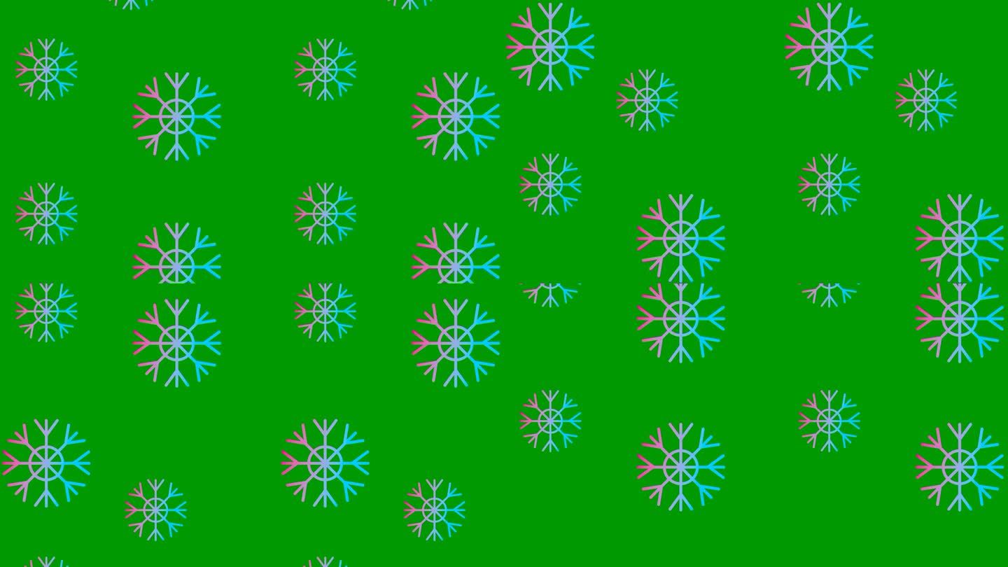 动画圣诞粉蓝雪背景。雪花与雪花隔离在绿色背景。毛圈的视频。