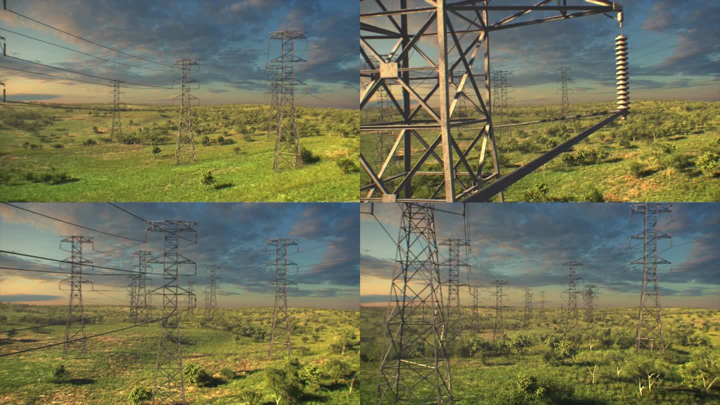 高压电塔林立遍布草原大地的动画视频