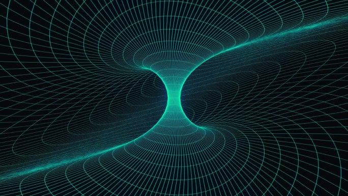 循环3d动画，视觉特效青色漩涡网格，科幻。抽象循环背景。技术，VJ概念。明亮的Led灯未来隧道。无缝