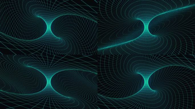 循环3d动画，视觉特效青色漩涡网格，科幻。抽象循环背景。技术，VJ概念。明亮的Led灯未来隧道。无缝