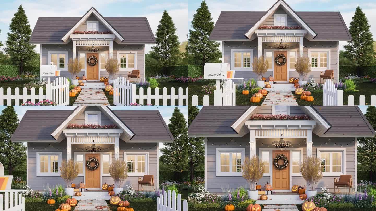 万圣节主题的动画概念，前面的小房子装饰南瓜头在绿色草坪3d渲染