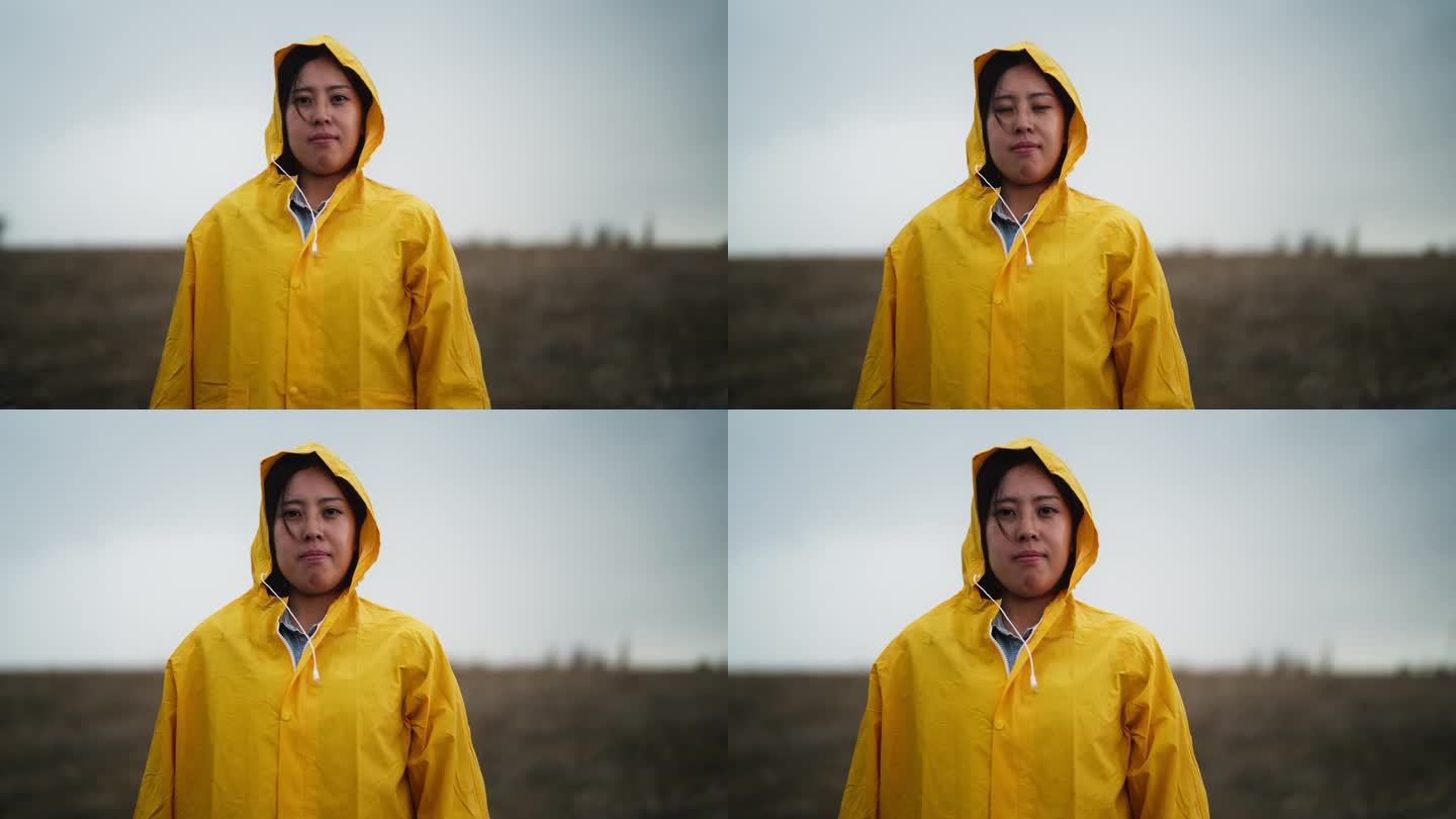 在寒冷多雨的天气里，穿着黄色雨衣的开朗的亚洲妇女在大自然中的肖像
