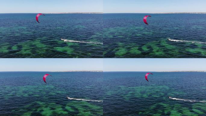 活跃的运动。鸟瞰图一个年轻的白人妇女风筝冲浪