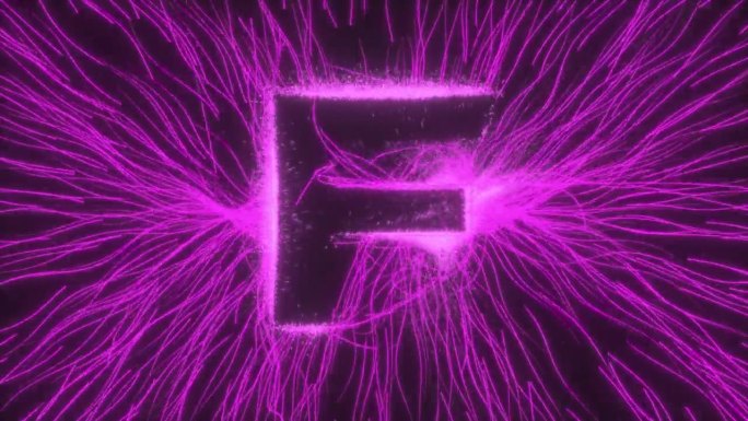 字母F在发光的霓虹灯电场中由弯曲的光线和黑色背景上的火花显示