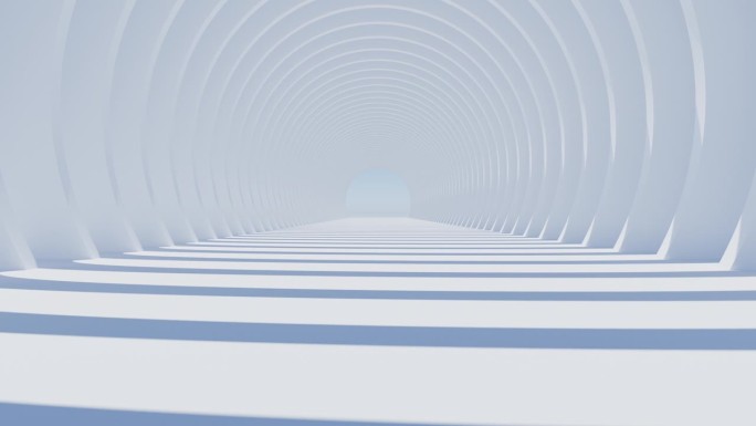 缓慢移动的摄像机通过白色圆拱通道的3D渲染