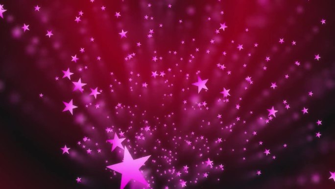 粉红色的星星在红黑渐变的背景下飞向相机。抽象的画面。运动图形。