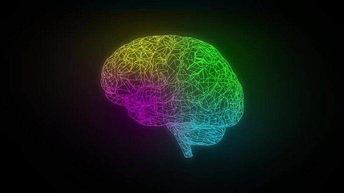 多边形彩色大脑动画在黑暗的背景。人类的大脑由连接的线和点组成。科学与技术。解剖学和神经科学概念