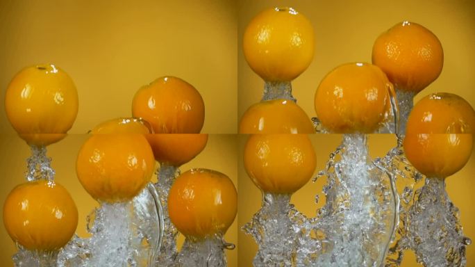 多汁的鲜橙色水果飞出水面