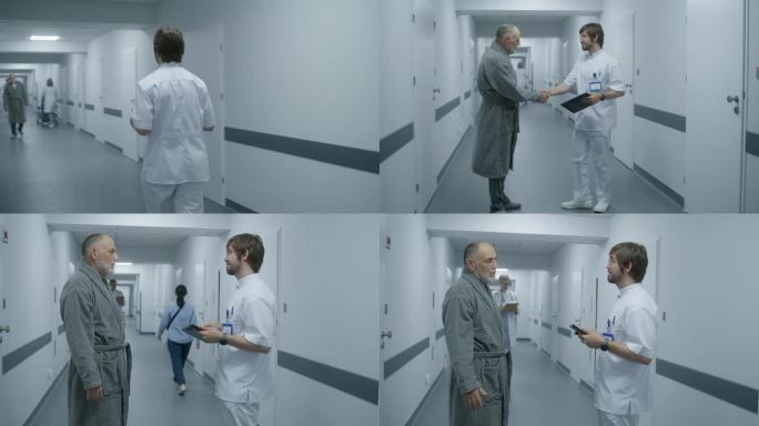 医生走出电梯，沿着诊所走廊走