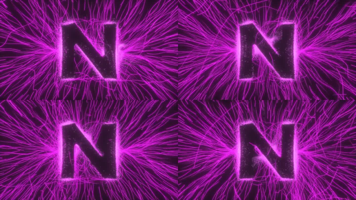 黑色背景上的弯曲射线和火花在发光的霓虹灯电场中显示字母N