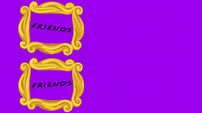 黄色边框，紫色背景，上面写着“朋友”。中央公园系列，电视。循环动画，4k库存视频。