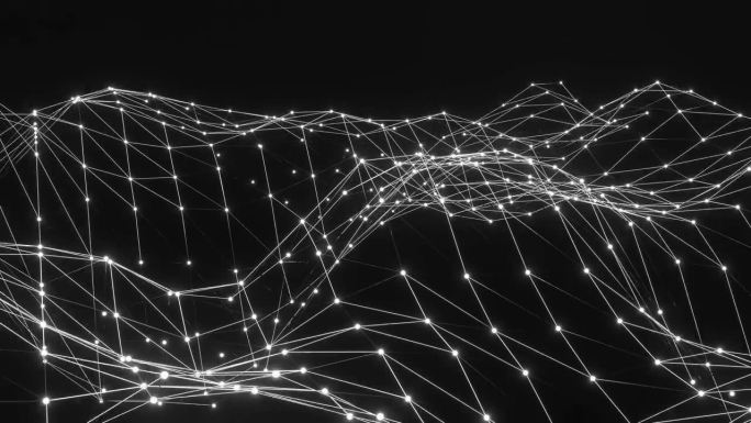 抽象的移动发光的点和线的丛。网络或数字连接。技术背景。3 d渲染。4 k。无缝循环。黑白网络连接结构