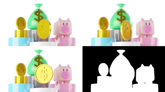 3d动画卡通钱台，硬币金币，小猪存钱罐。