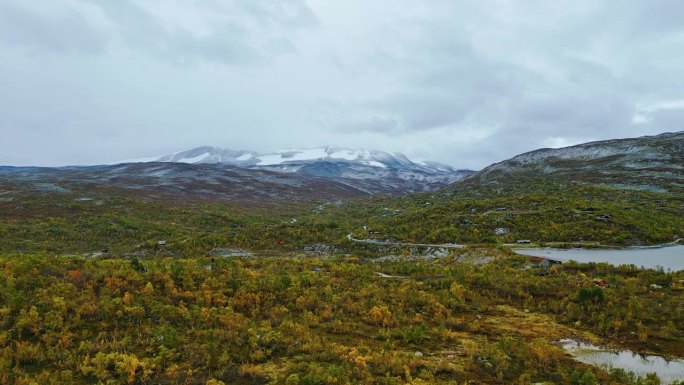 挪威布莱海门附近的森林山丘上空。无人机吊车起吊镜头