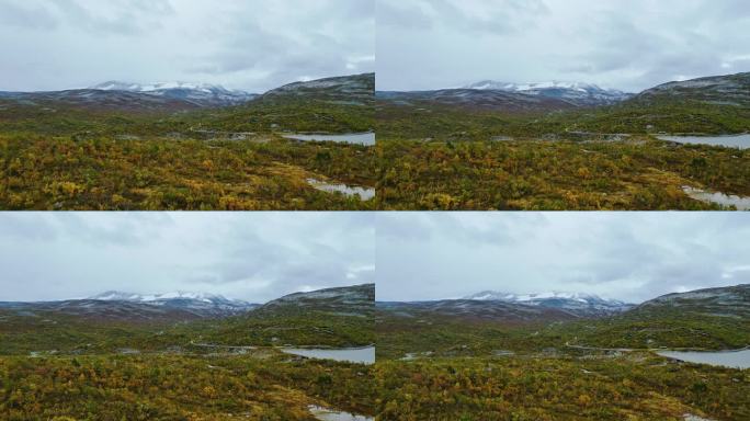 挪威布莱海门附近的森林山丘上空。无人机吊车起吊镜头