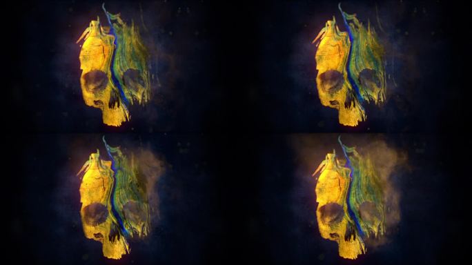 神秘的头骨轮廓与波浪浮动的彩色纹理出现在明亮的闪电照亮的黑暗。3d渲染动画4K