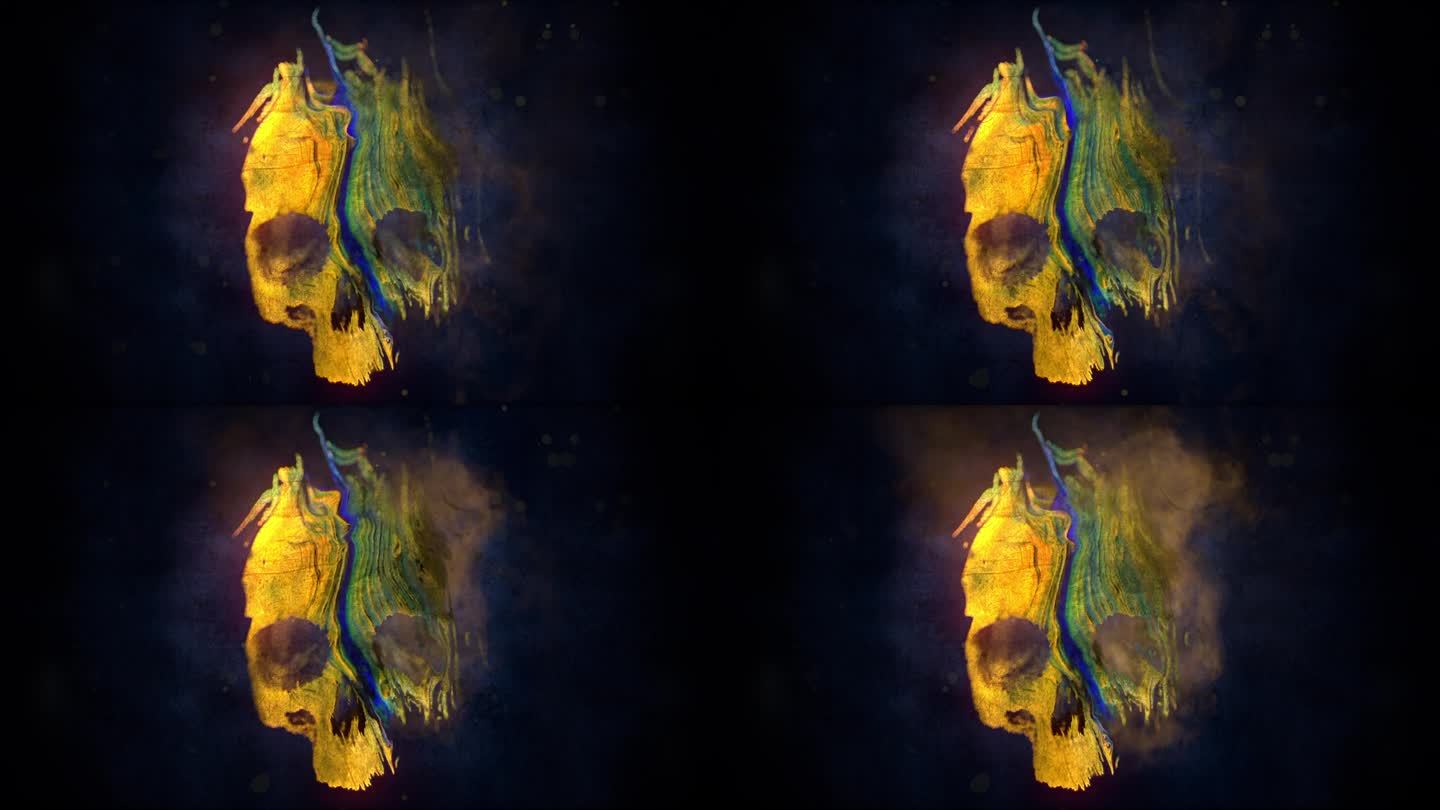神秘的头骨轮廓与波浪浮动的彩色纹理出现在明亮的闪电照亮的黑暗。3d渲染动画4K