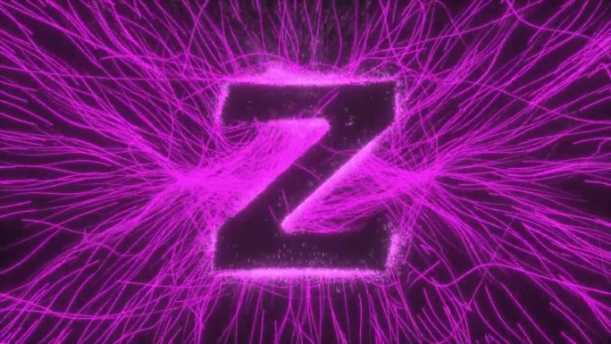 黑色背景上的弯曲射线和火花在发光的霓虹灯电场中显示字母Z