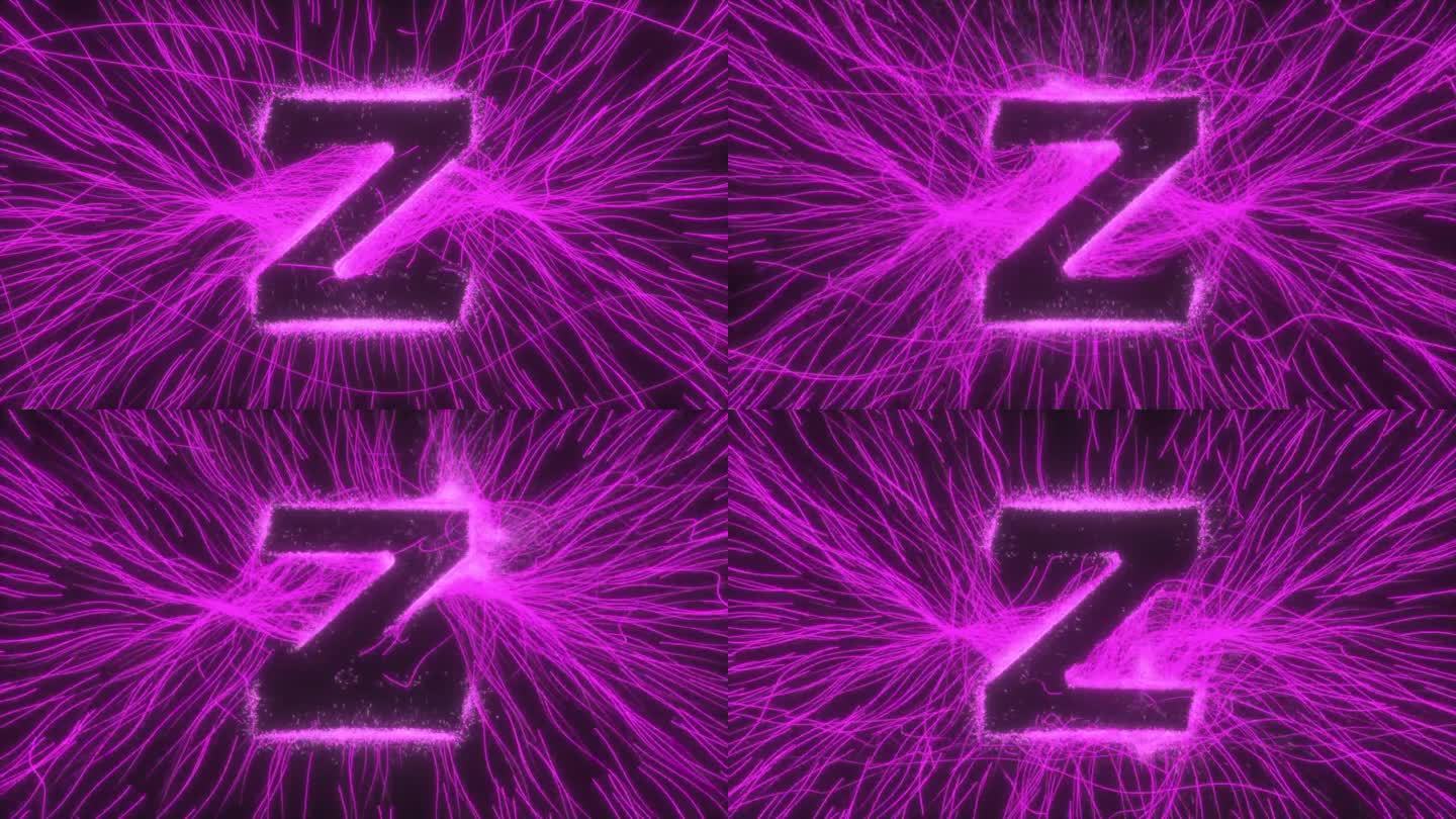 黑色背景上的弯曲射线和火花在发光的霓虹灯电场中显示字母Z