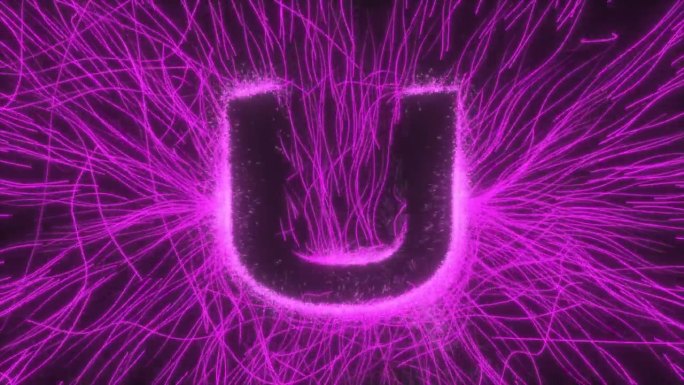 黑色背景上的弯曲射线和火花在发光的霓虹灯电场中显示字母U