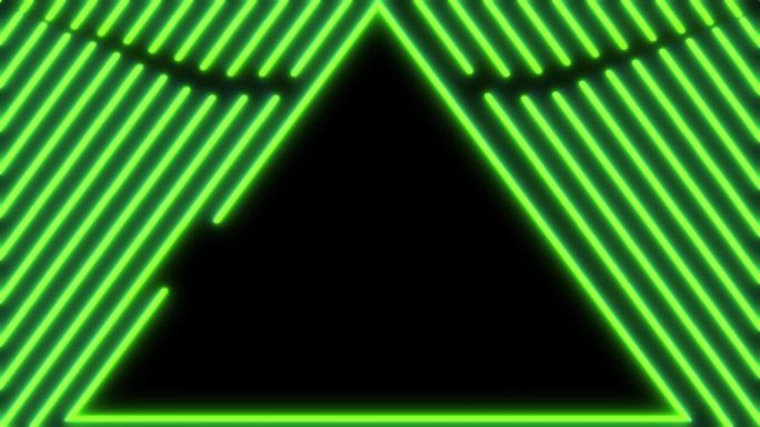 一个绿色的霓虹灯三角形出现在黑屏上的动画。