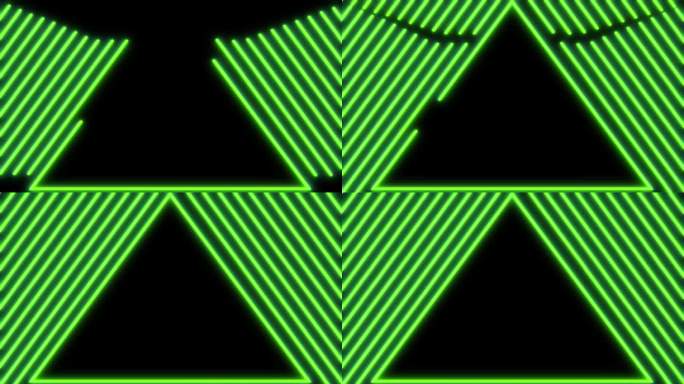 一个绿色的霓虹灯三角形出现在黑屏上的动画。