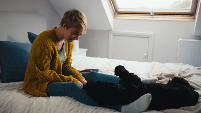 一个女人坐在家里的床上和她的宠物黑猎犬玩耍