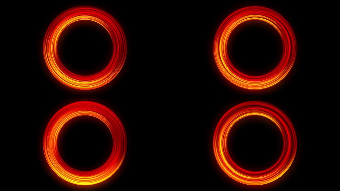 红色发光的圆圈。能量洞，漩涡流。发光传送门，旋转。红色和橙色的背景。霓虹灯。