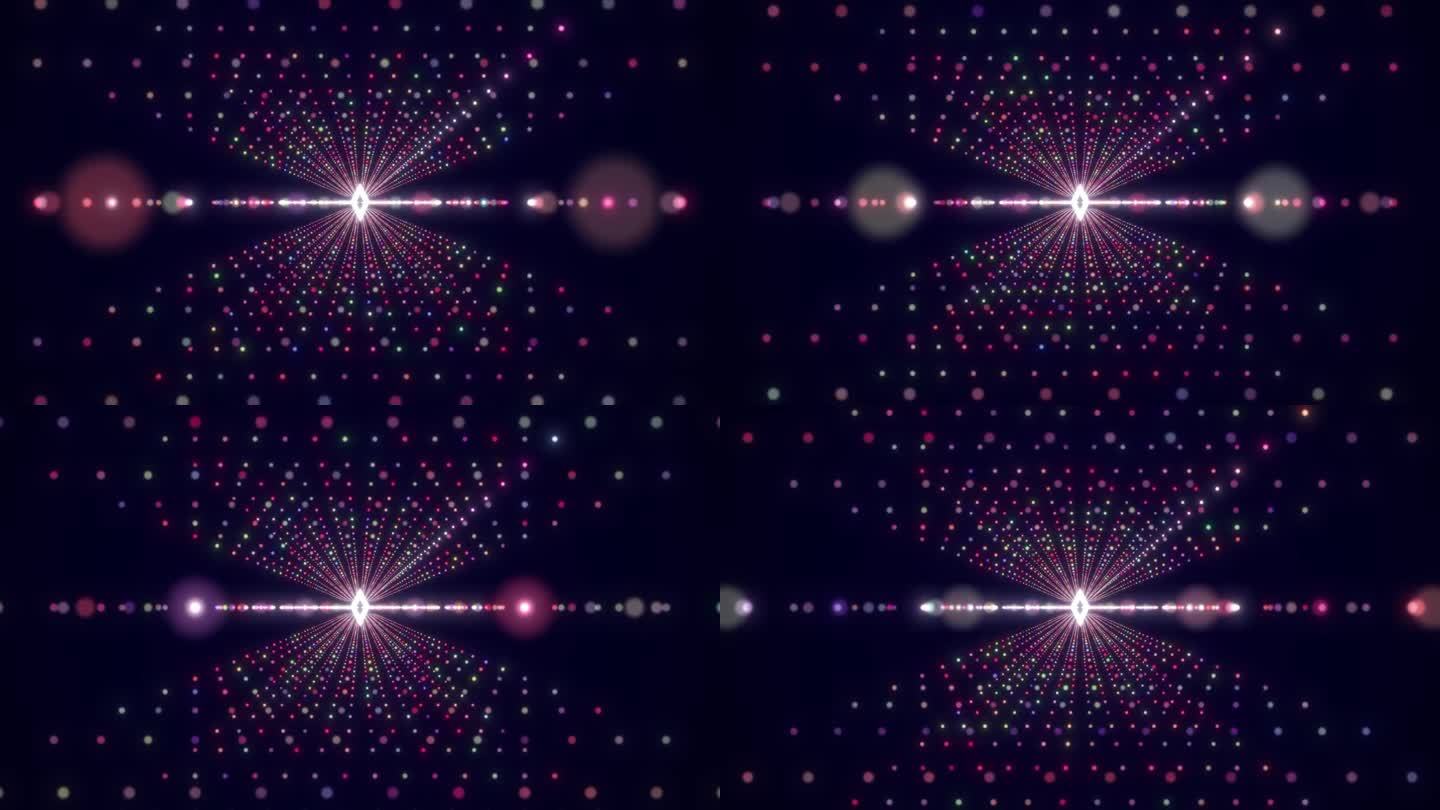 相机飞行通过钻石形状粒子在黑暗的背景，发光粒子钻石，钻石卡图标动画和粒子移动在屏幕上。数码高科技背景