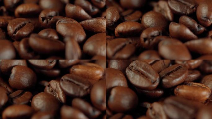 烘焙咖啡豆，黑色背景。浓咖啡，浓香，黑咖啡因饮料。近距离