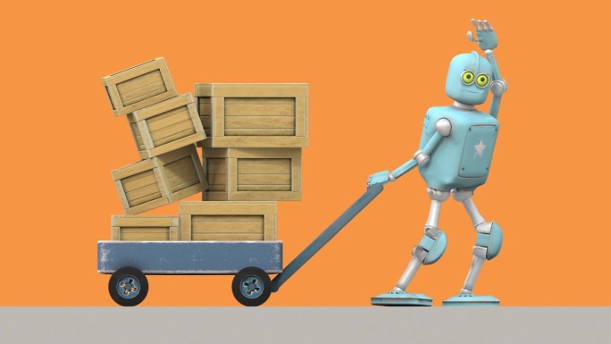 复古机器人移动推车与盒子，3D视频渲染卡通风格，在橙色背景，alpha通道