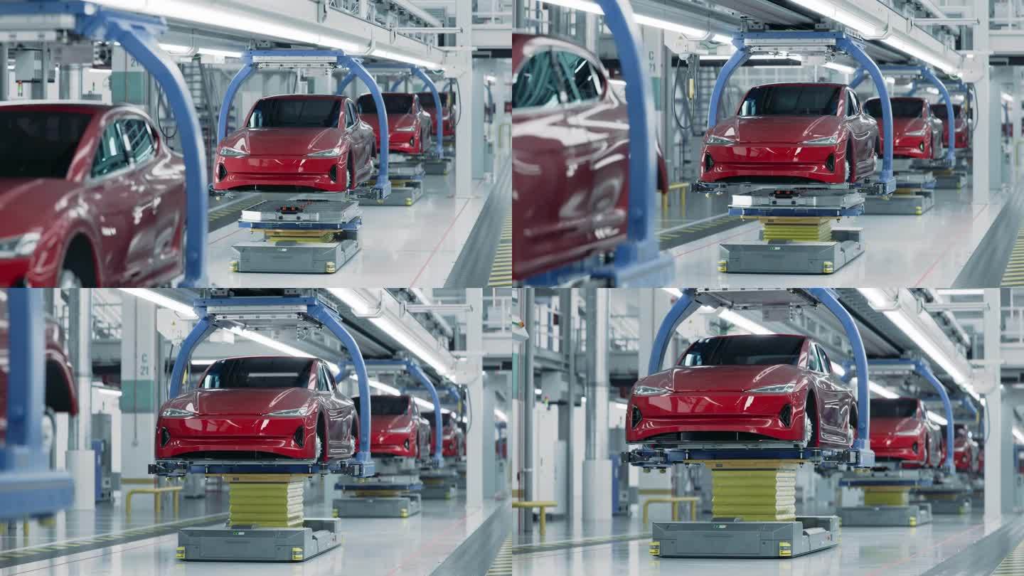 在装配线上，汽车电池被安装在红色电动汽车上。先进自动化明亮工厂的电动汽车生产线。高性能电动汽车制造。