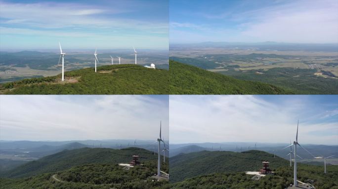 黑龙江大顶子山航拍风力发电群山夏季素材