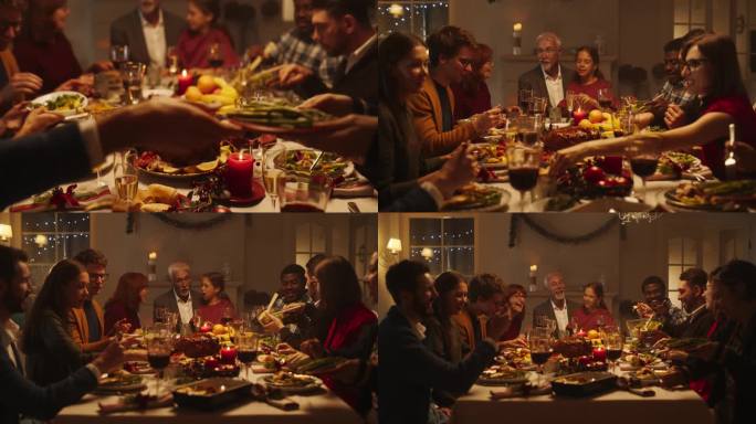 各种各样的亲戚和朋友围坐在餐桌后面，享用美味的饭菜和节日的冬季装饰。快乐的大家庭，愉快的交谈，享受一