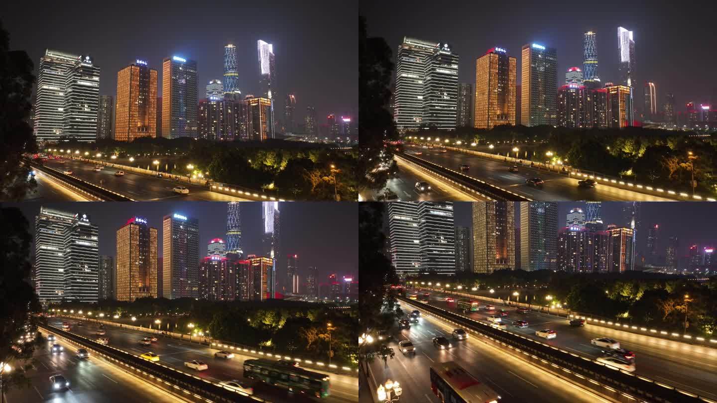 晚上航拍广州大桥天河中央商务区