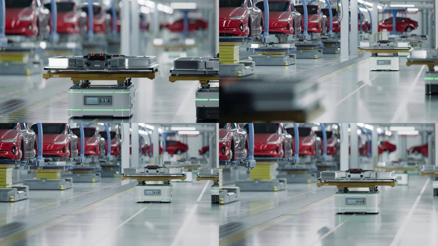 现代汽车工厂内运输电动汽车电池组的自动导引车。先进工厂电动汽车生产线。高性能电动汽车自主制造工艺