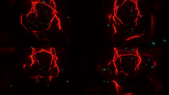 带有蓝色气泡的透明红色圆形隧道。循环动画