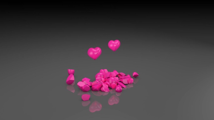 粉红色的心落在光滑的黑色背景上。情人节的概念，关系，爱。3 d动画。