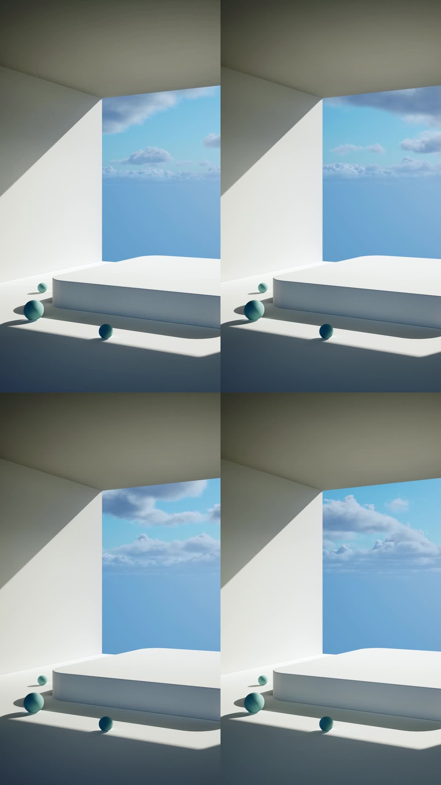 高层建筑橱窗前的产品展示平台，采用圆形方形设计和蓝色珠子