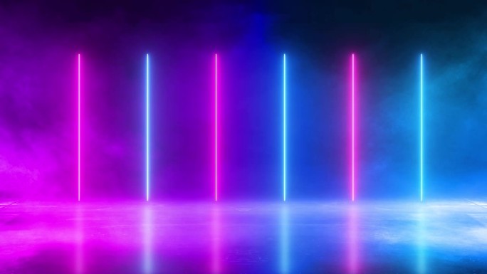 彩色霓虹灯舞台发光的垂直线条与肮脏的反射湿地板。光谱场景线性灯光动画。运动荧光激光空间音乐表演，时尚