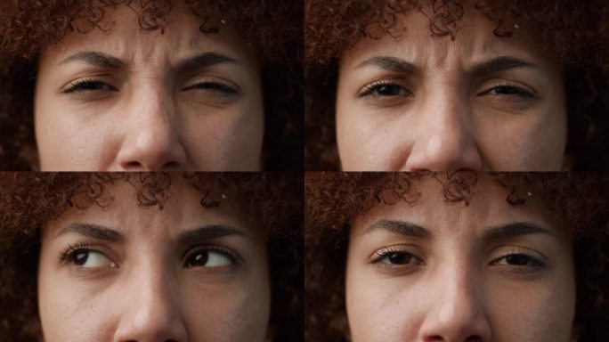 忧郁的黑人女性面孔。非裔美国女性对镜头表现出消极情绪的眼睛。关闭了。