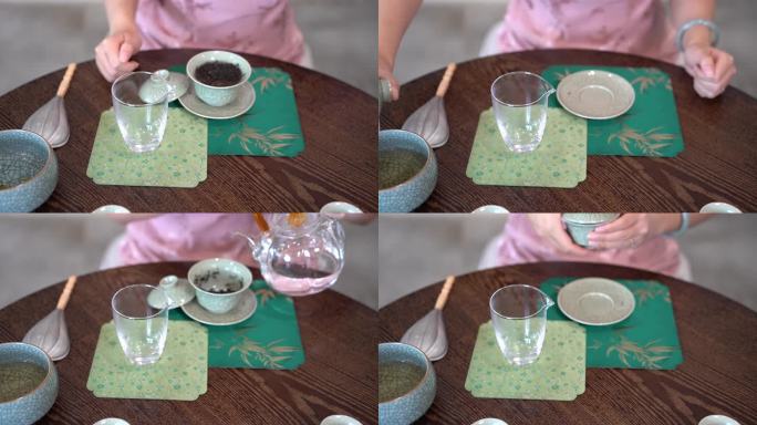 青瓷盖碗茶泡茶倒茶茶艺茶道展示4K