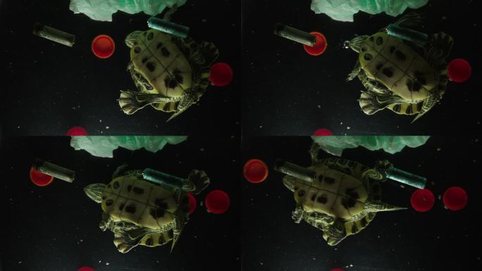 小海龟漂浮在脏水中，电池废塑料瓶盖和塑料袋水污染概念图底部